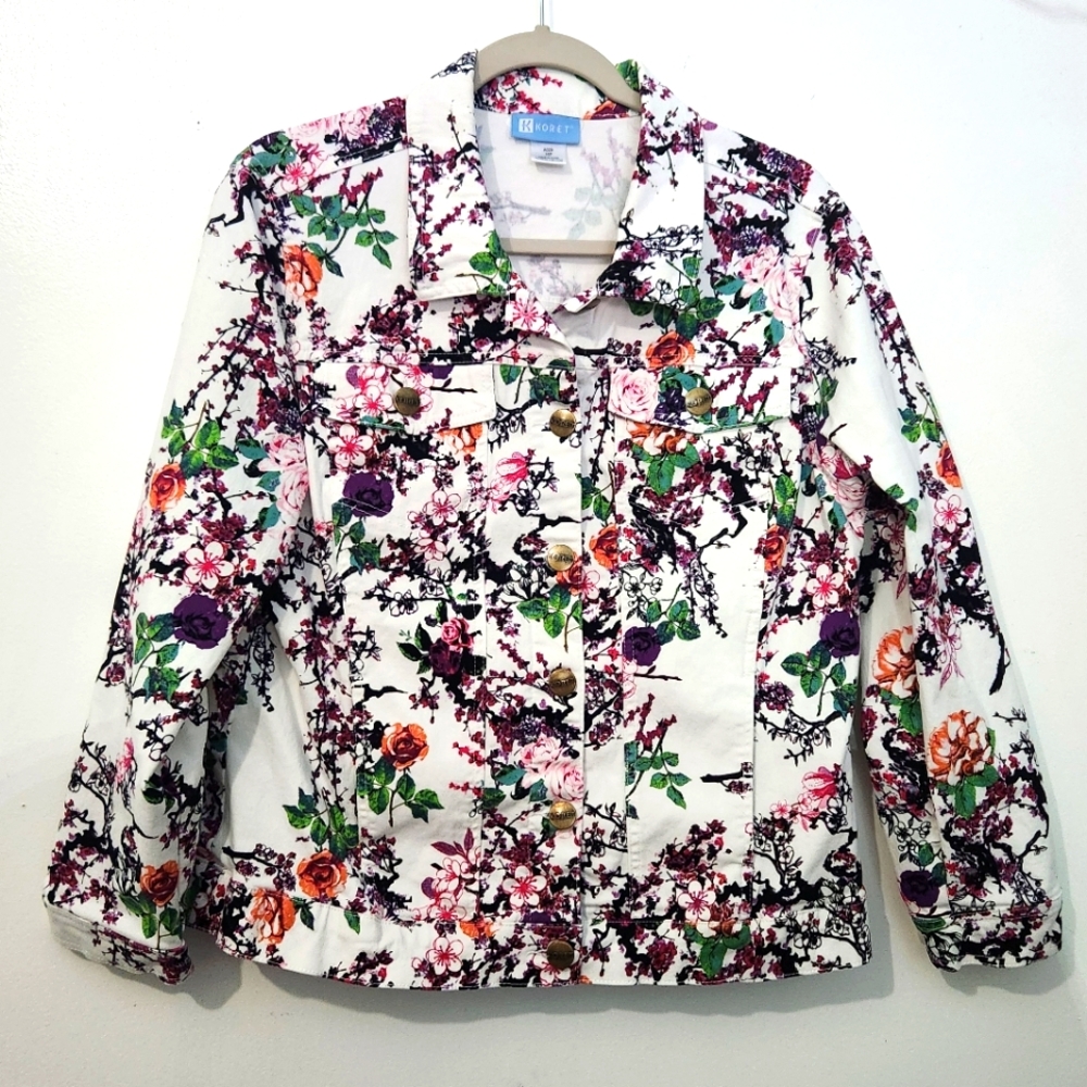 Koret 16 Petite White Floral Denim Style Jacket Button Up Casual Spring Purple